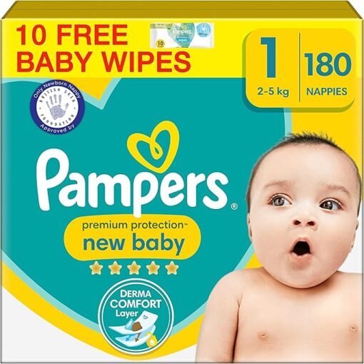 Pampers Premium Protection New Baby Size 1, 180 Nappies, 2kg-5kg, Monthly Pack + Pampers Harmonie Aqua Baby Wipes 10 Count, Packaging May Vary